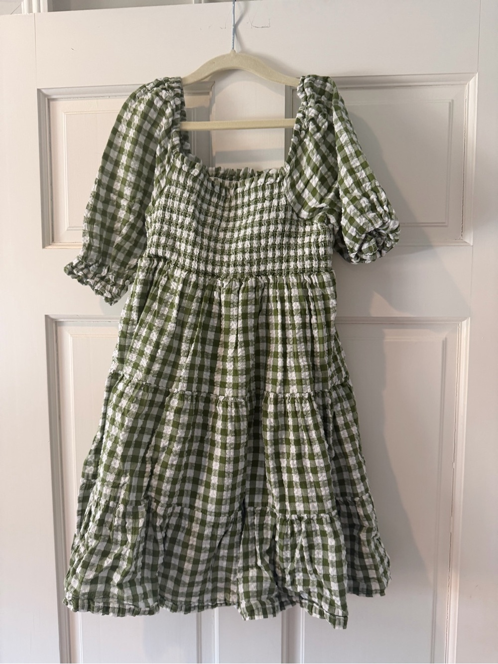 crown & ivy Olive Green Gingham Puff Sleeve Smocked Dress